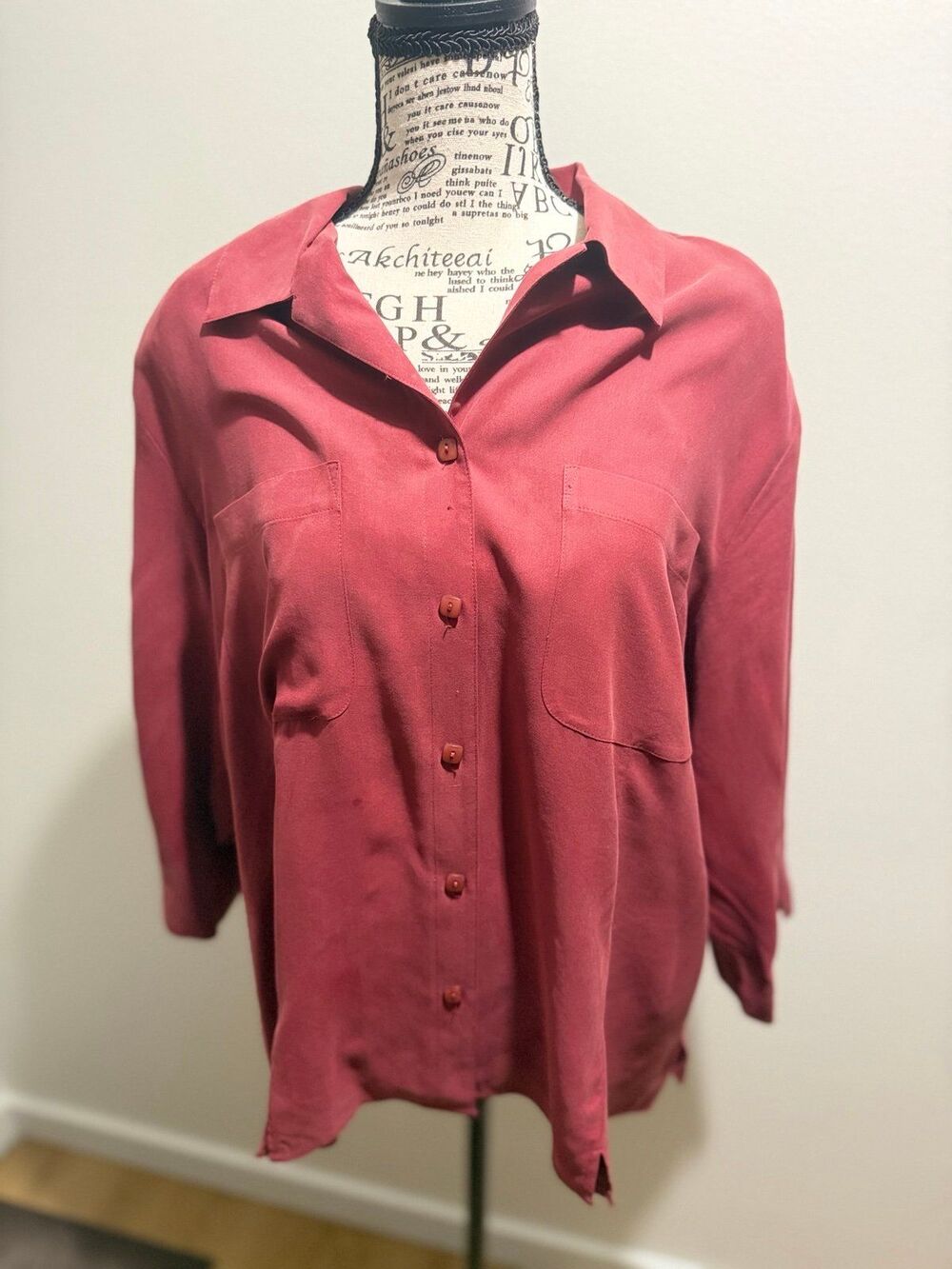 elementz 90's Retro Vintage Thowback 100% Silk Preppy Blouse Burgundy 2X